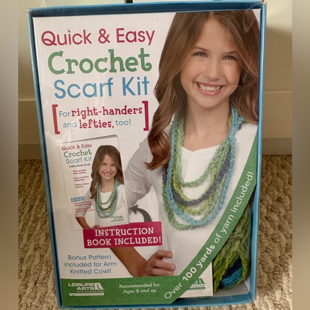 Crochet Scarf Kit with Multi-Color Blue & Green Yarn